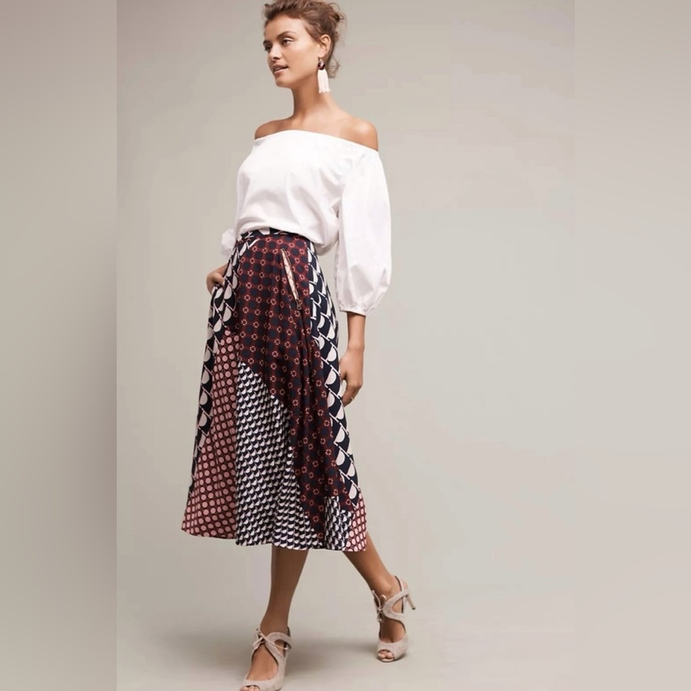 Anthropologie HD in Paris Marilyn Dot Midi Skirt Blue Pink White A Line Abstract